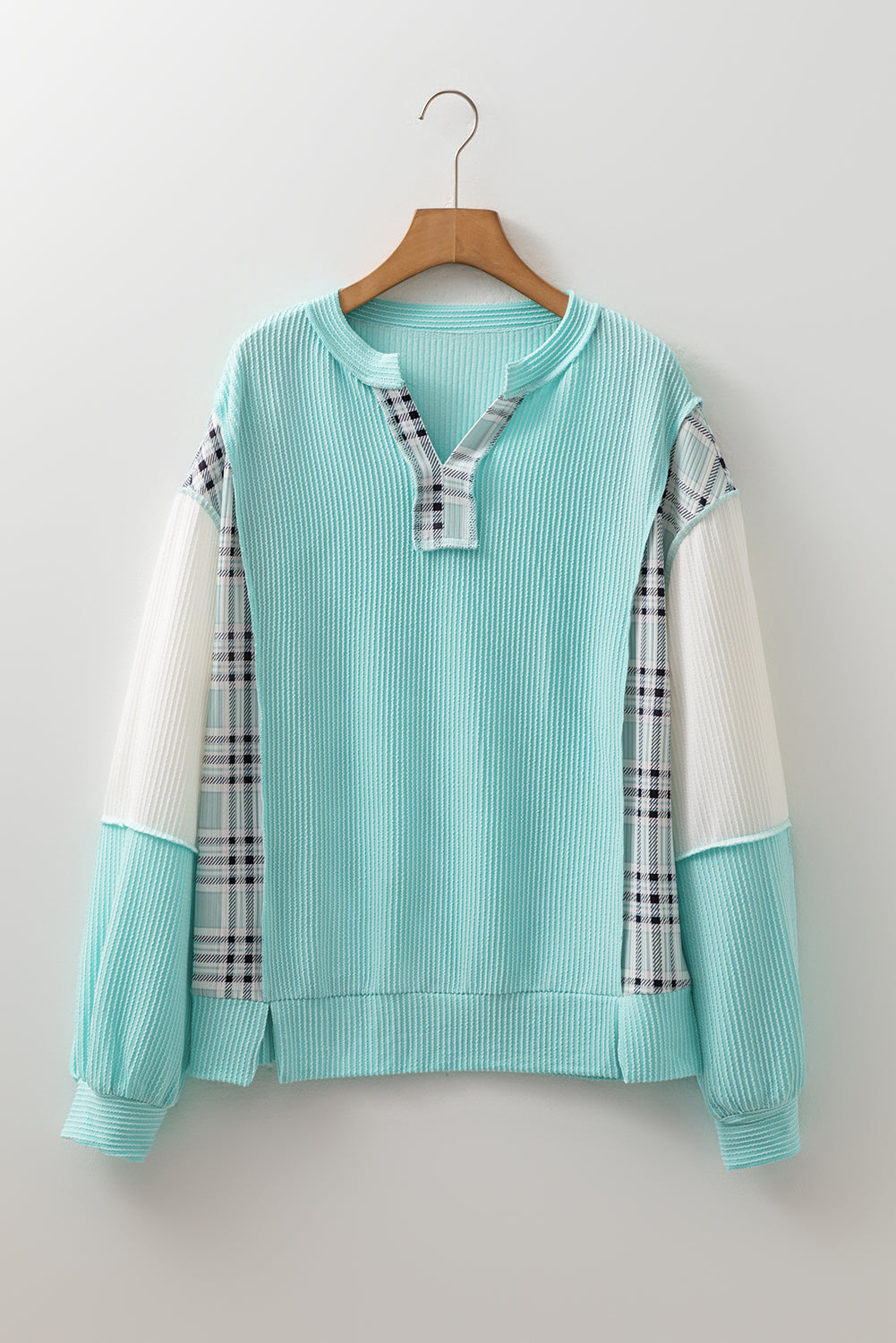Aruba Blue Corded Texture Plaid Patchwork Split Neck Long Sleeve Top