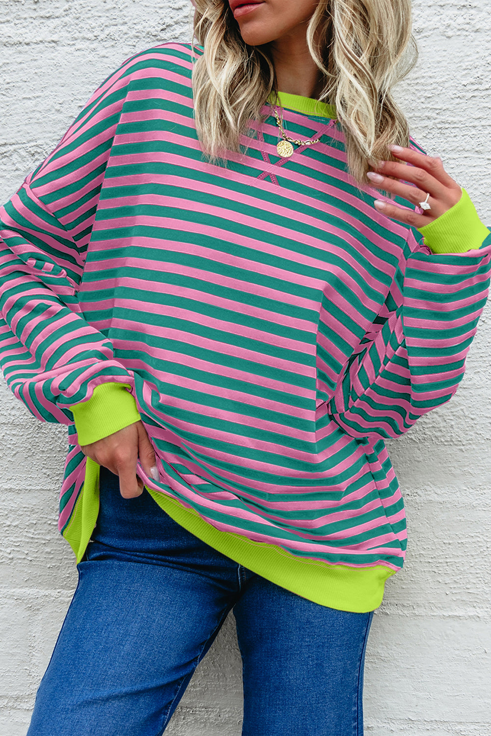 Blue Striped Contrast Trim Drop Shoulder Sweatshirt