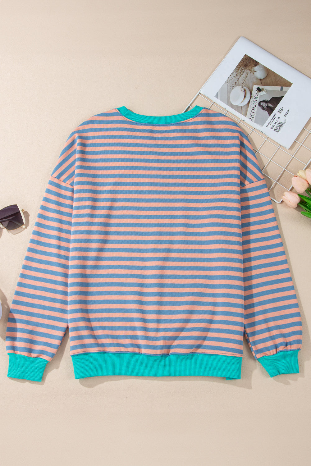 Blue Striped Contrast Trim Drop Shoulder Sweatshirt