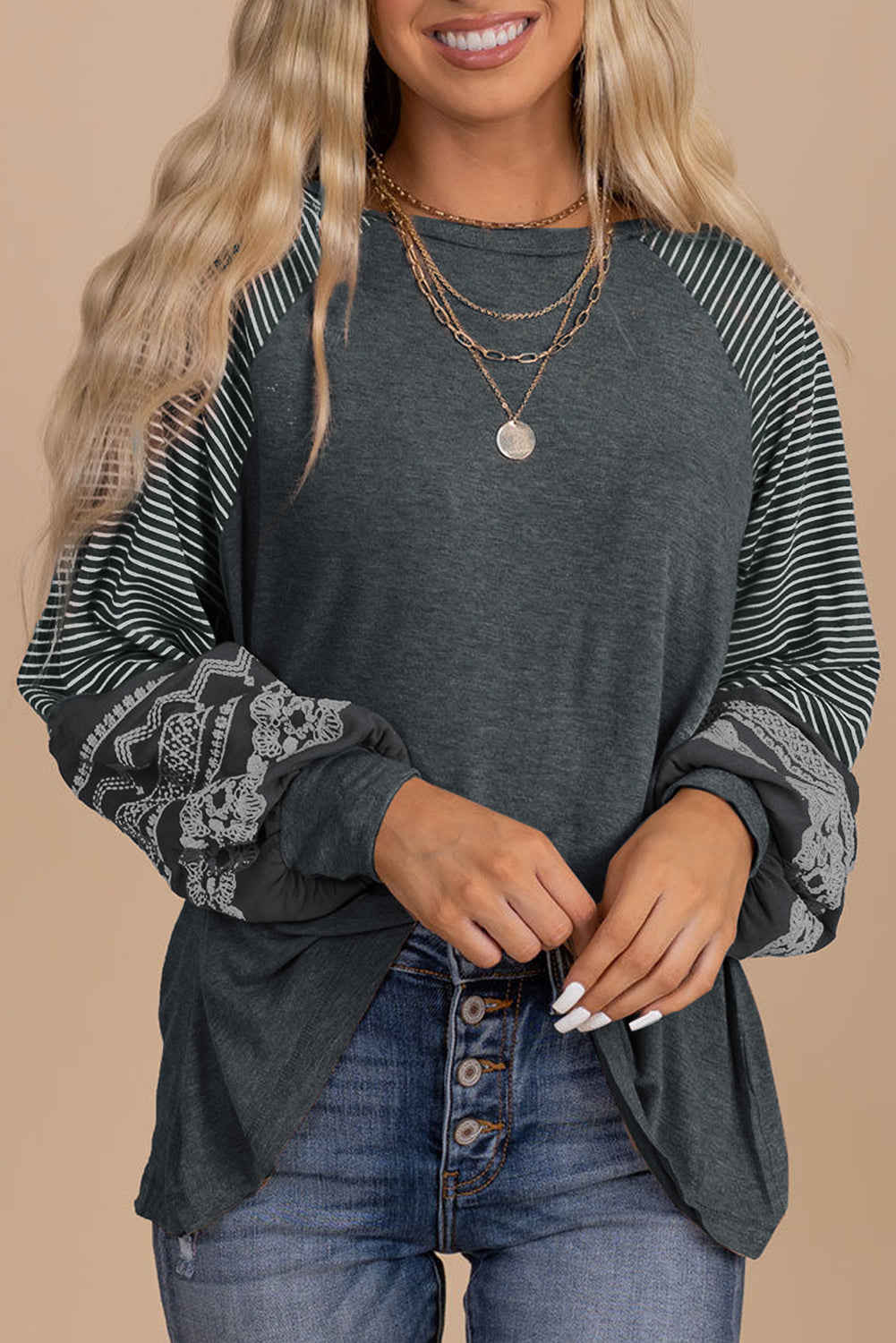 Mineral Red Contrast Print Striped Raglan Long Sleeve Loose Top