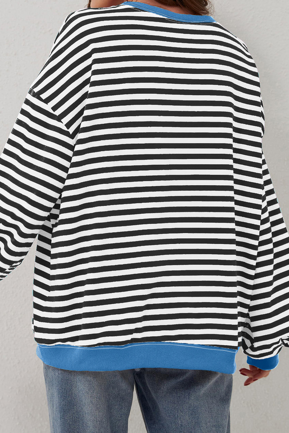 Blue Striped Contrast Trim Drop Shoulder Sweatshirt