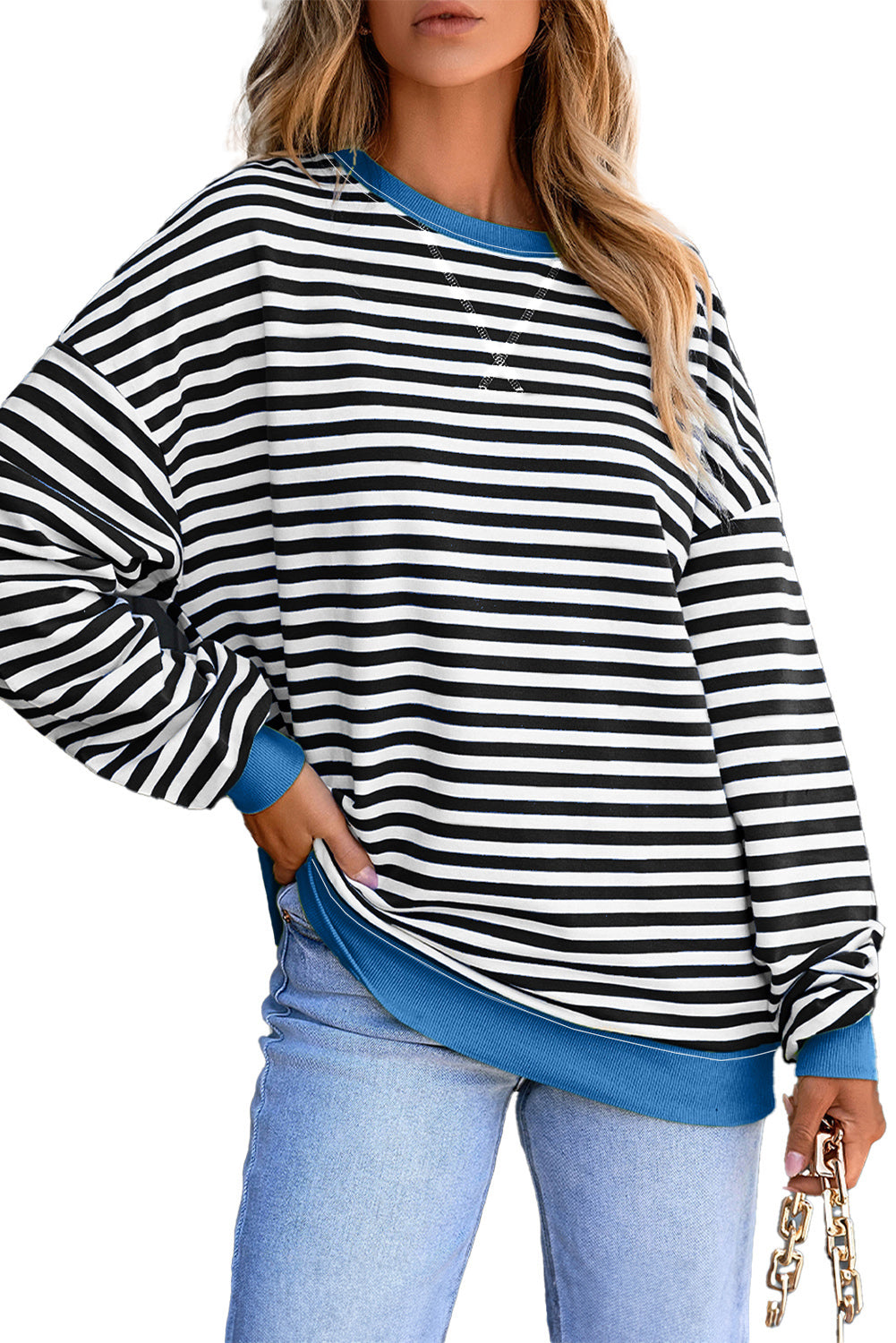 Blue Striped Contrast Trim Drop Shoulder Sweatshirt