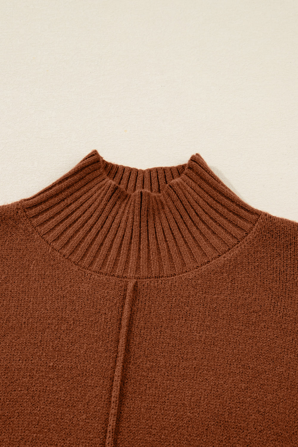 Chestnut Ribbed High Neck Front Pockets Center Seam Shift Sweater Dress