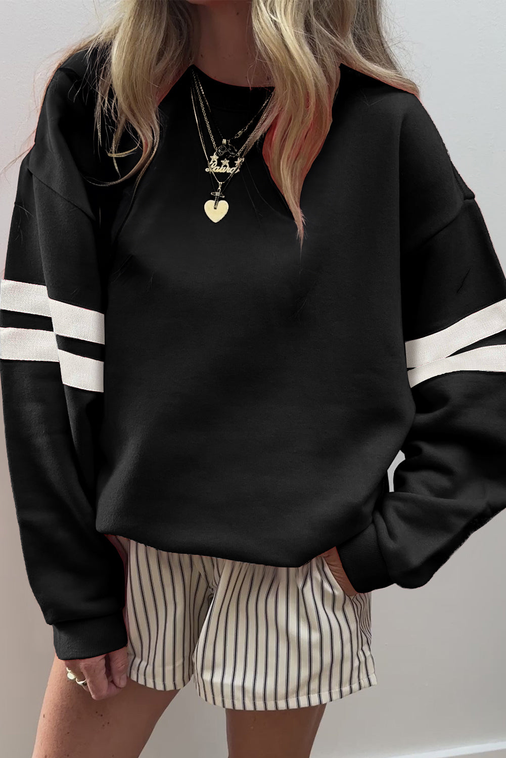 Orange Preppy Striped Sleeve Loose Sweatshirt