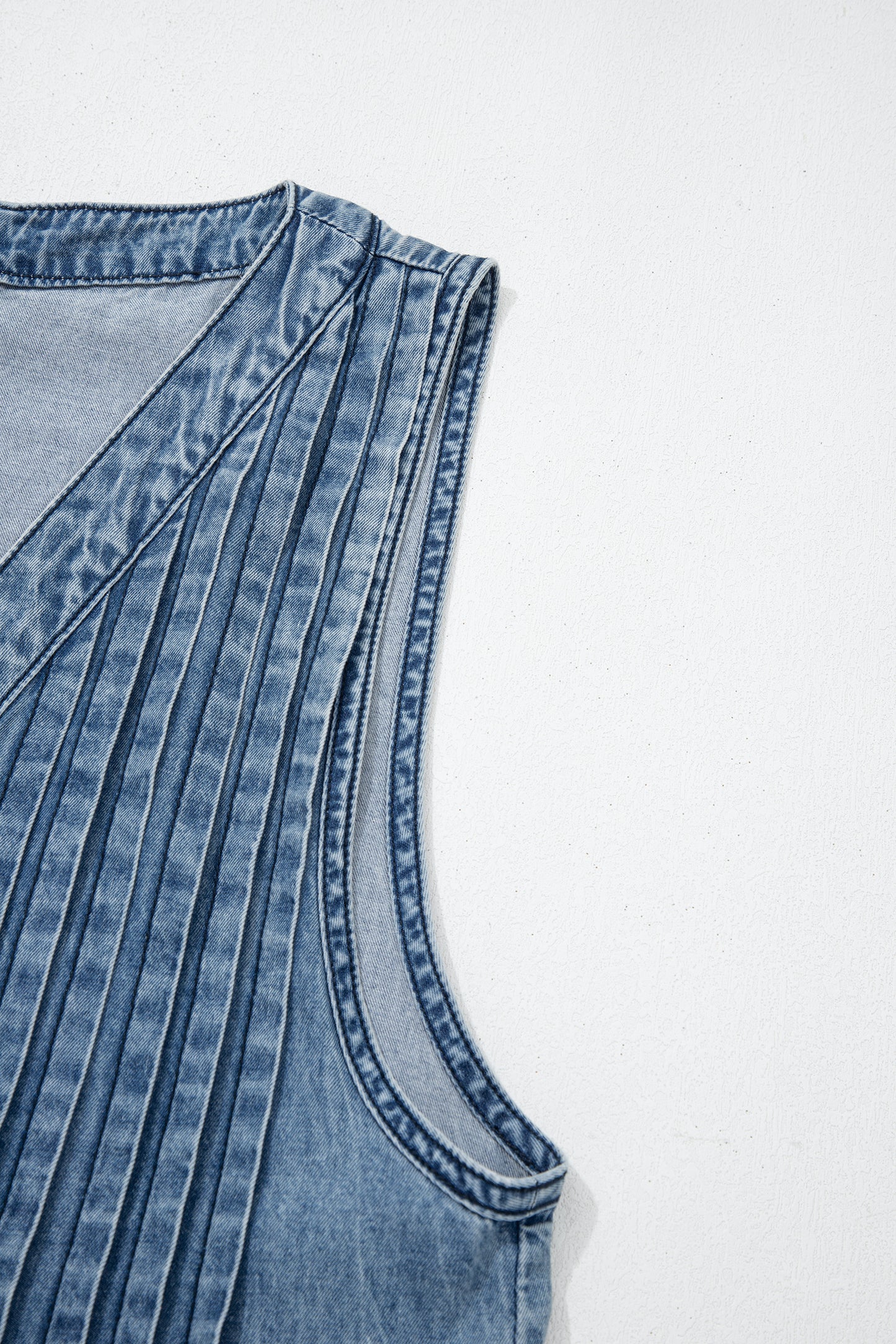 Dusk Blue Acid Wash Pintuck Tie V Neck Denim Wide Leg Jumpsuit