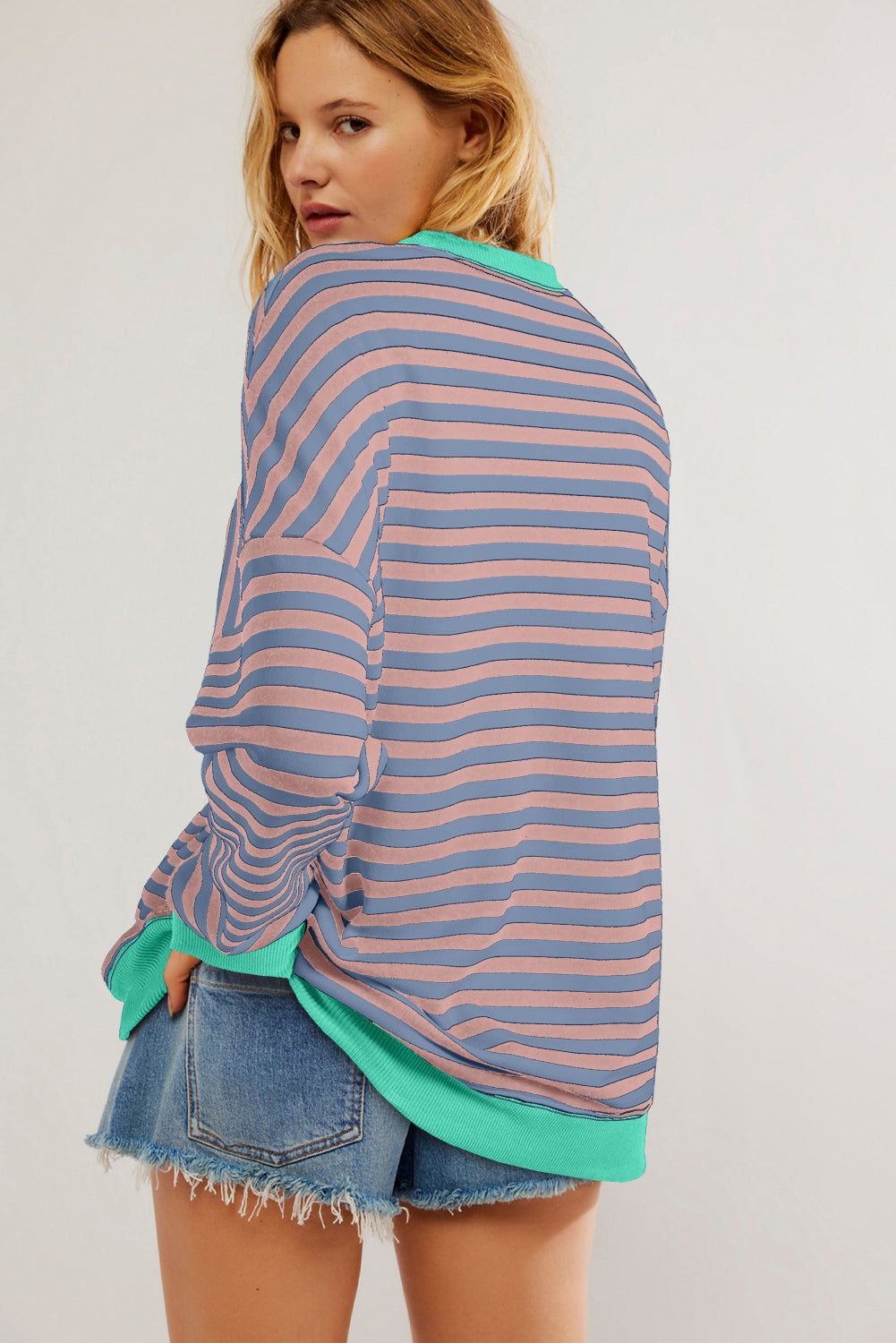 Blue Striped Contrast Trim Drop Shoulder Sweatshirt