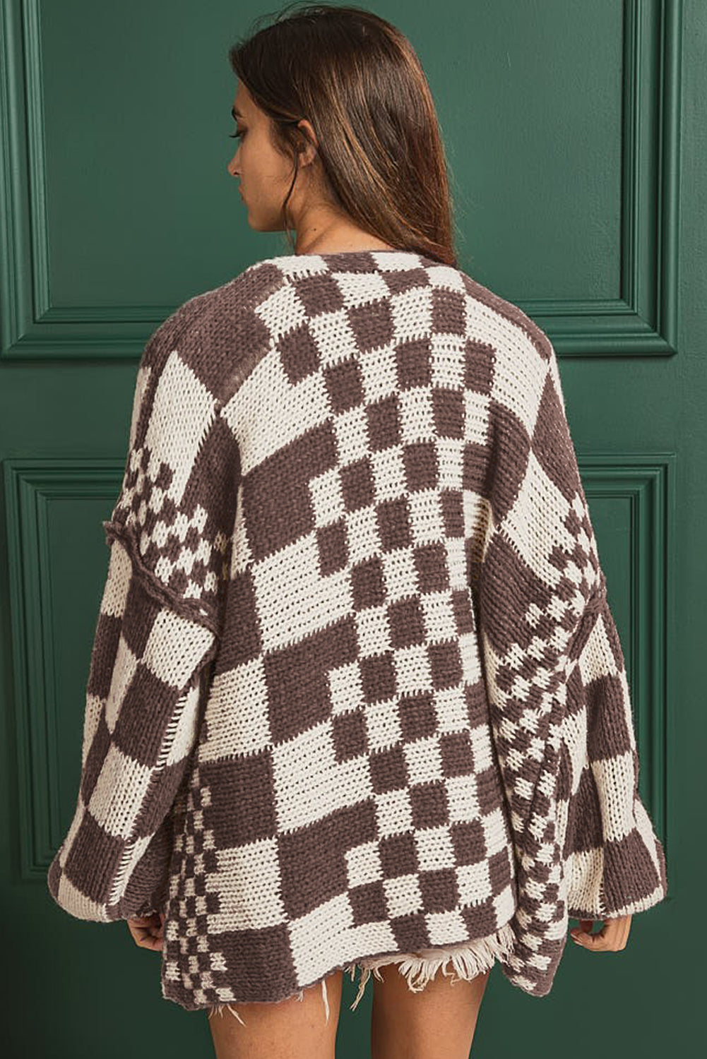 Smoke Gray Colorblock Checked Open Front Knitted Cardigan