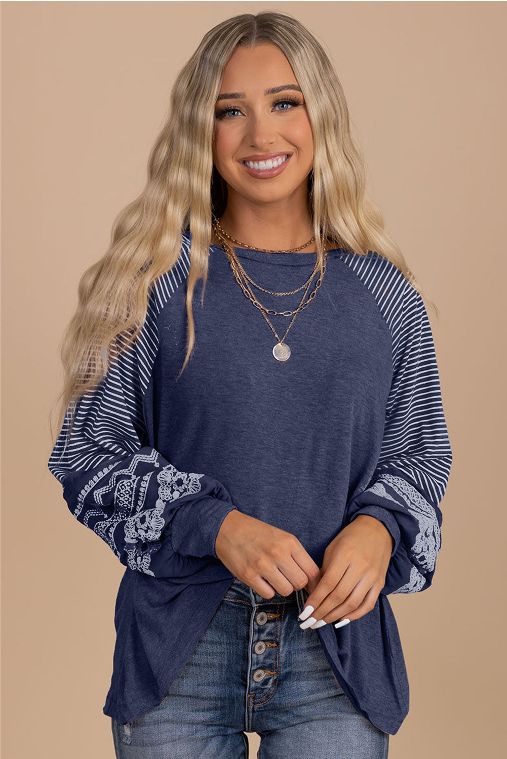 Mineral Red Contrast Print Striped Raglan Long Sleeve Loose Top