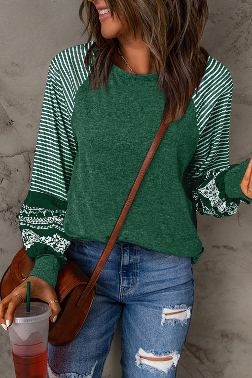 Mineral Red Contrast Print Striped Raglan Long Sleeve Loose Top