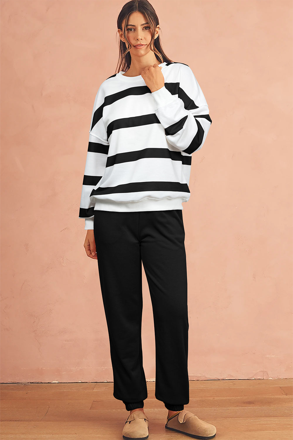 Light French Beige Striped Drop Shoulder Pullover and Joggers Set