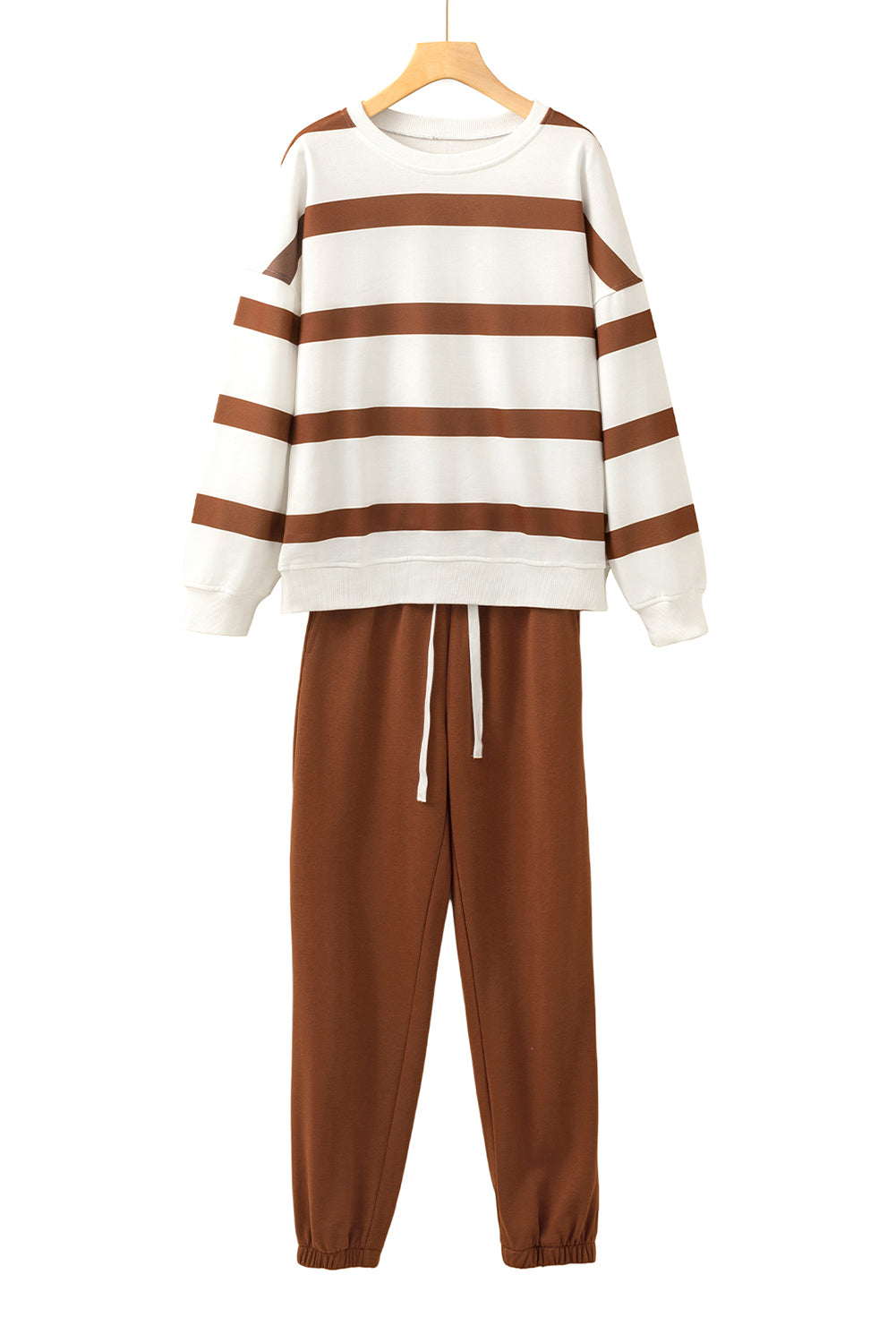 Light French Beige Striped Drop Shoulder Pullover and Joggers Set