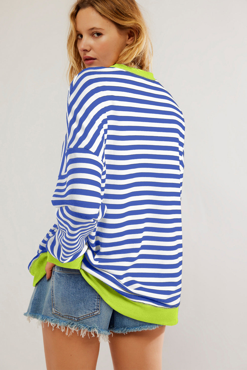 Blue Striped Contrast Trim Drop Shoulder Sweatshirt