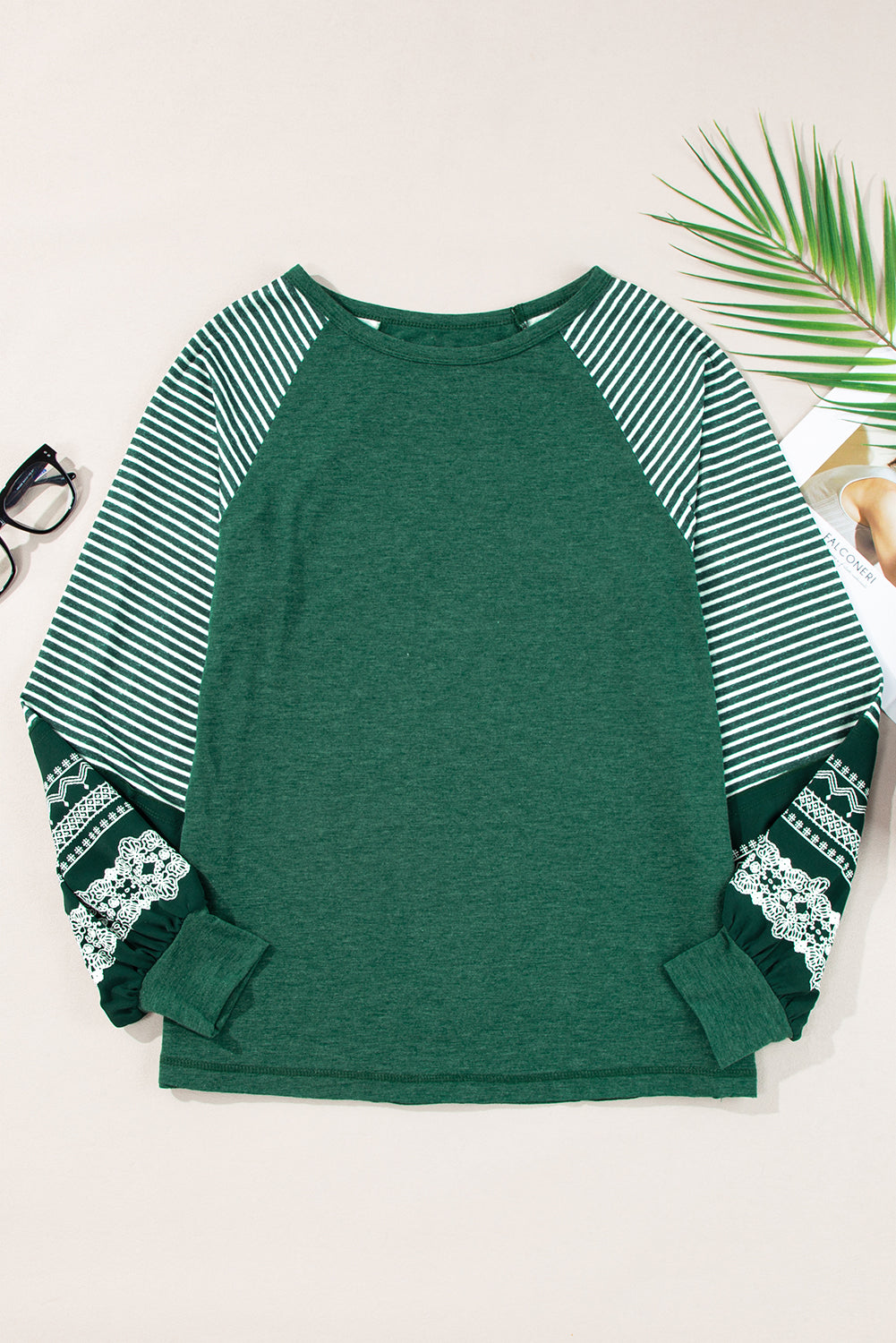 Mineral Red Contrast Print Striped Raglan Long Sleeve Loose Top