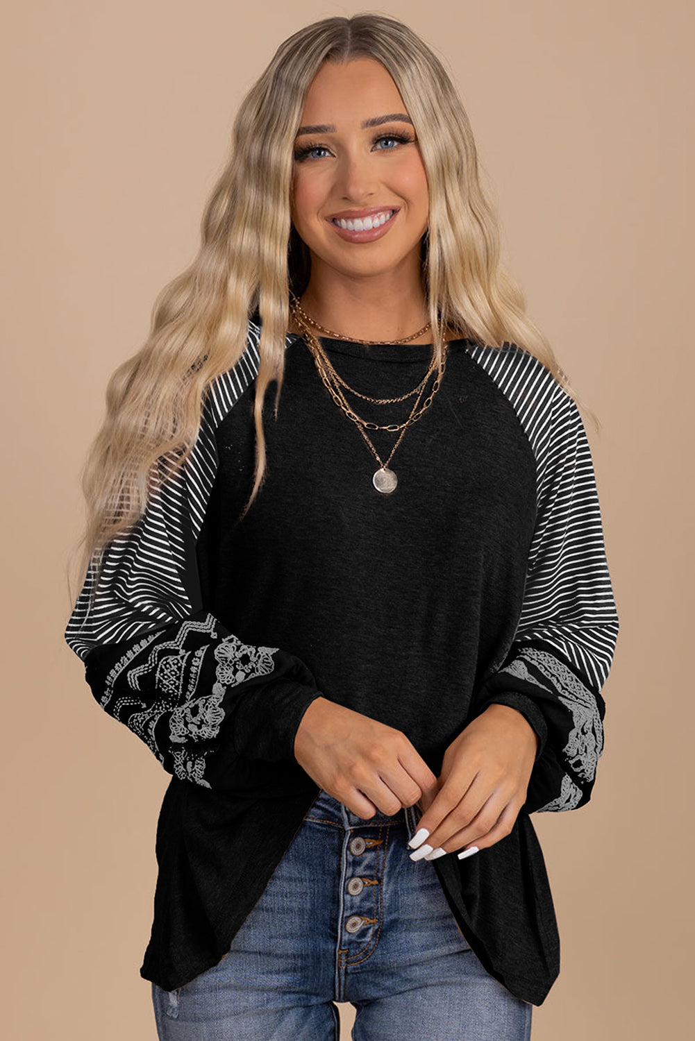 Mineral Red Contrast Print Striped Raglan Long Sleeve Loose Top