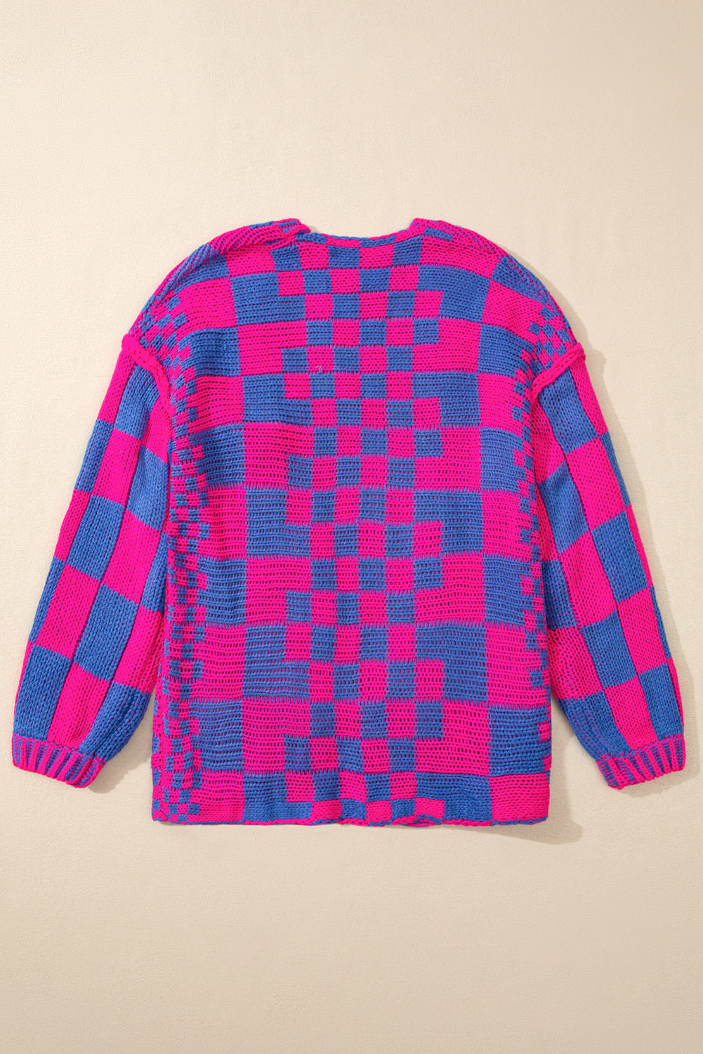 Smoke Gray Colorblock Checked Open Front Knitted Cardigan