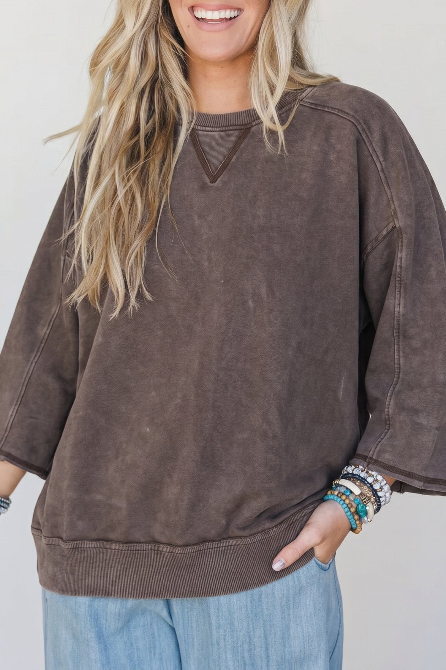 Dark Brown 3/4 Sleeve Mineral Wash Loose Cotton Top