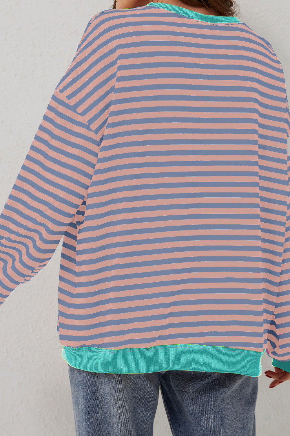Blue Striped Contrast Trim Drop Shoulder Sweatshirt