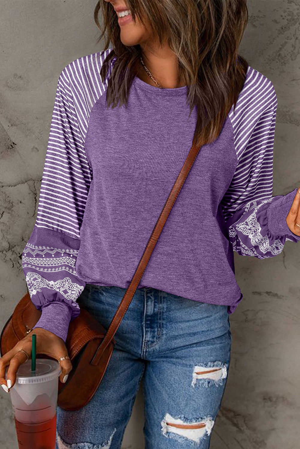 Mineral Red Contrast Print Striped Raglan Long Sleeve Loose Top