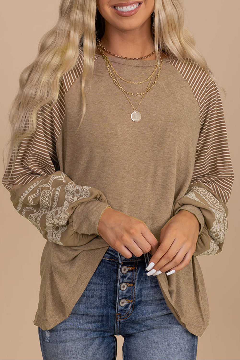 Mineral Red Contrast Print Striped Raglan Long Sleeve Loose Top
