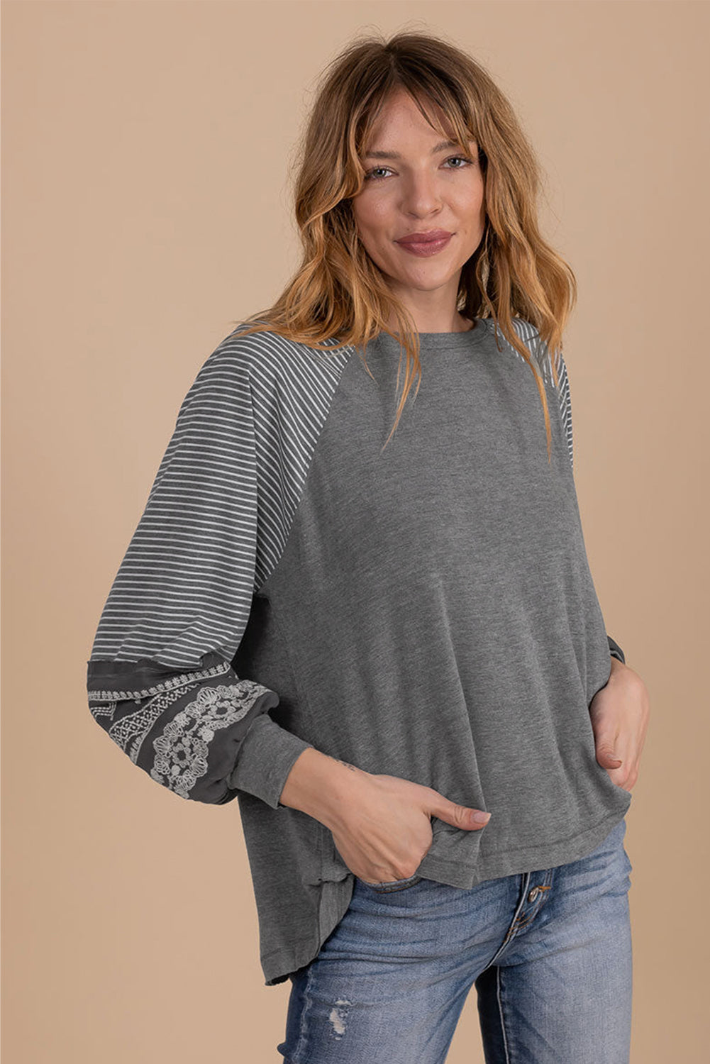Mineral Red Contrast Print Striped Raglan Long Sleeve Loose Top
