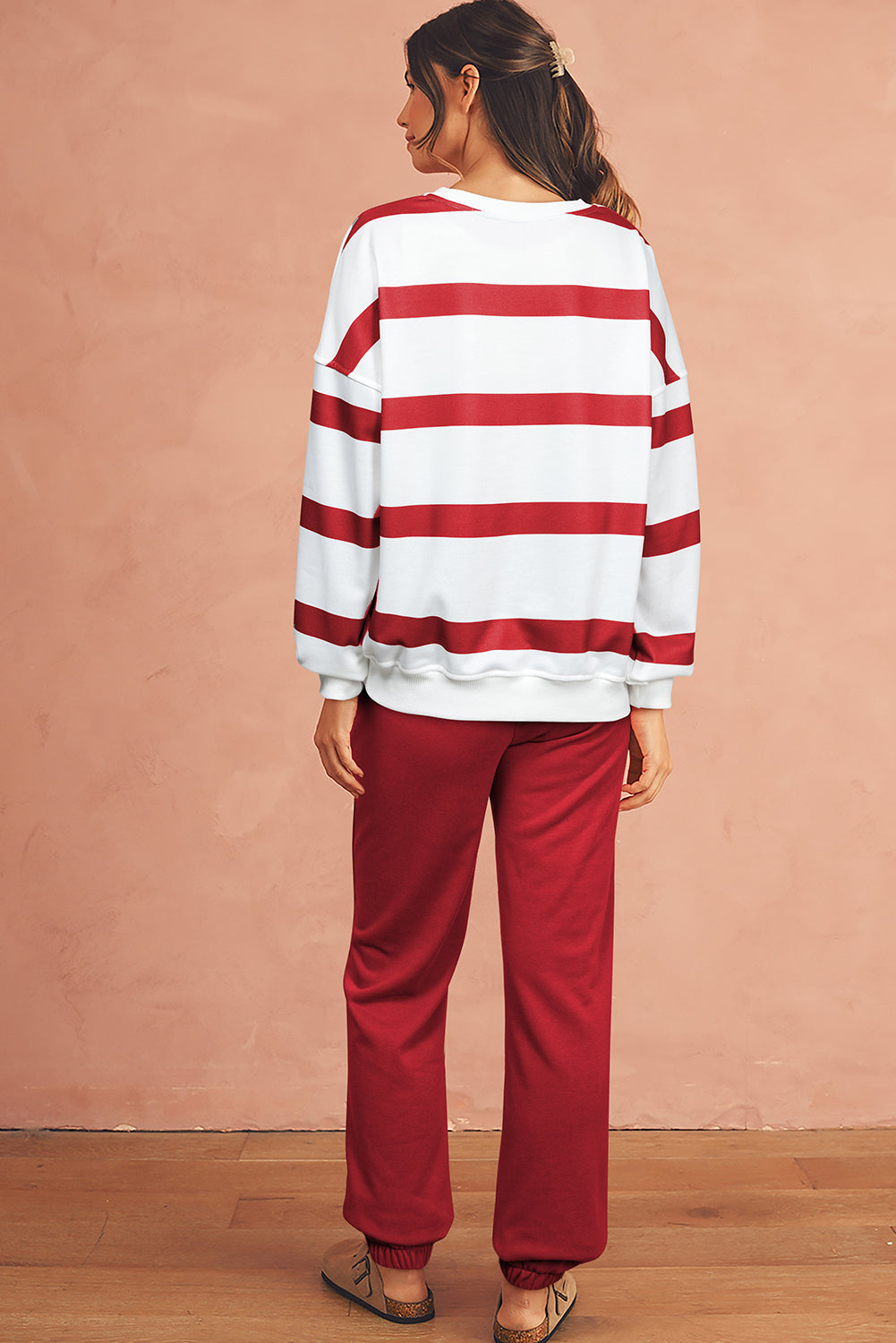 Light French Beige Striped Drop Shoulder Pullover and Joggers Set