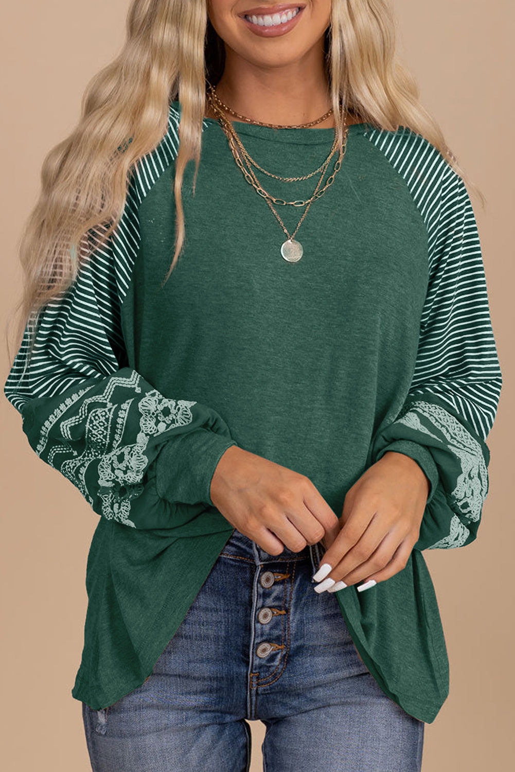 Mineral Red Contrast Print Striped Raglan Long Sleeve Loose Top