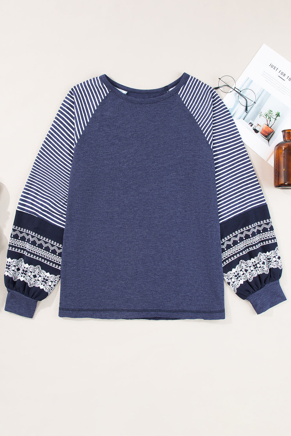 Mineral Red Contrast Print Striped Raglan Long Sleeve Loose Top