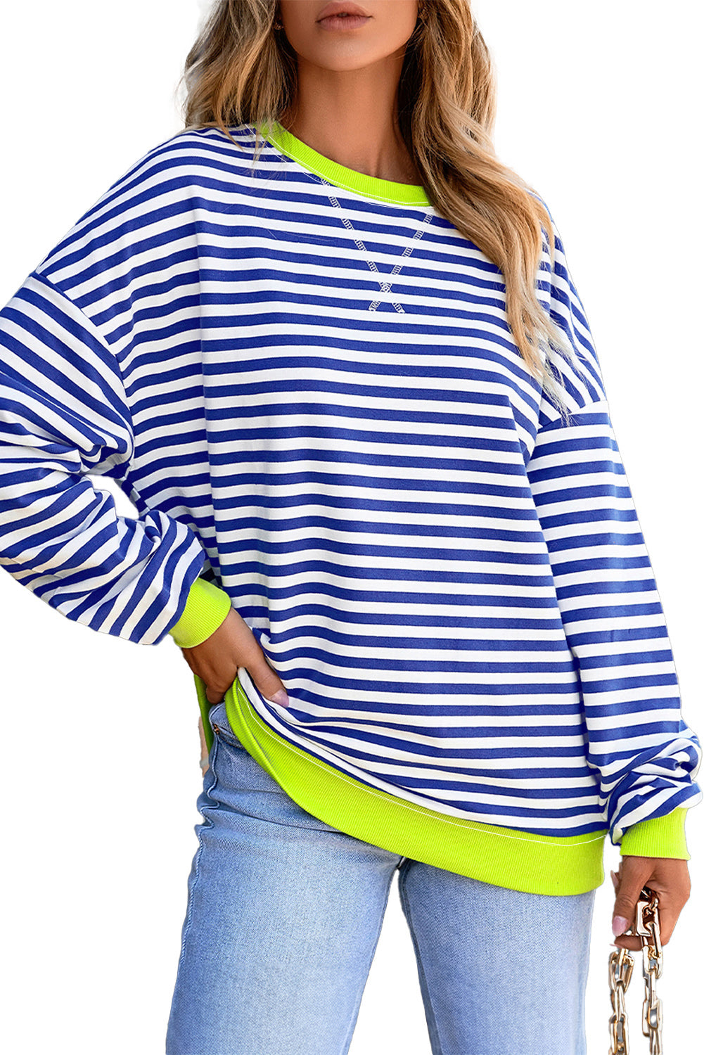 Blue Striped Contrast Trim Drop Shoulder Sweatshirt