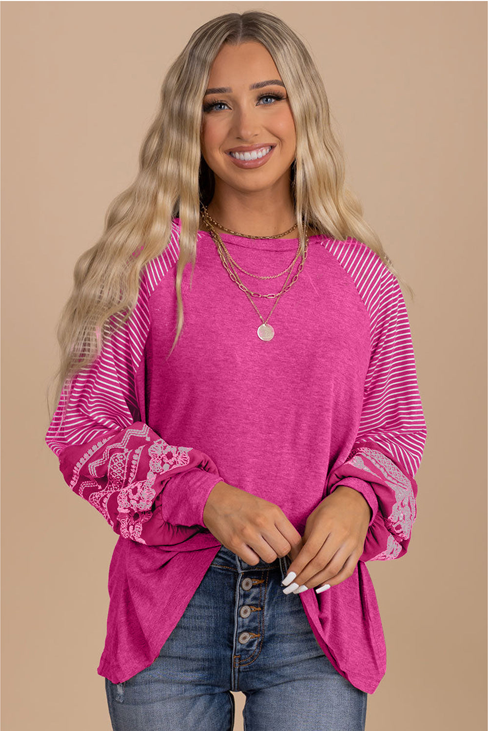 Mineral Red Contrast Print Striped Raglan Long Sleeve Loose Top