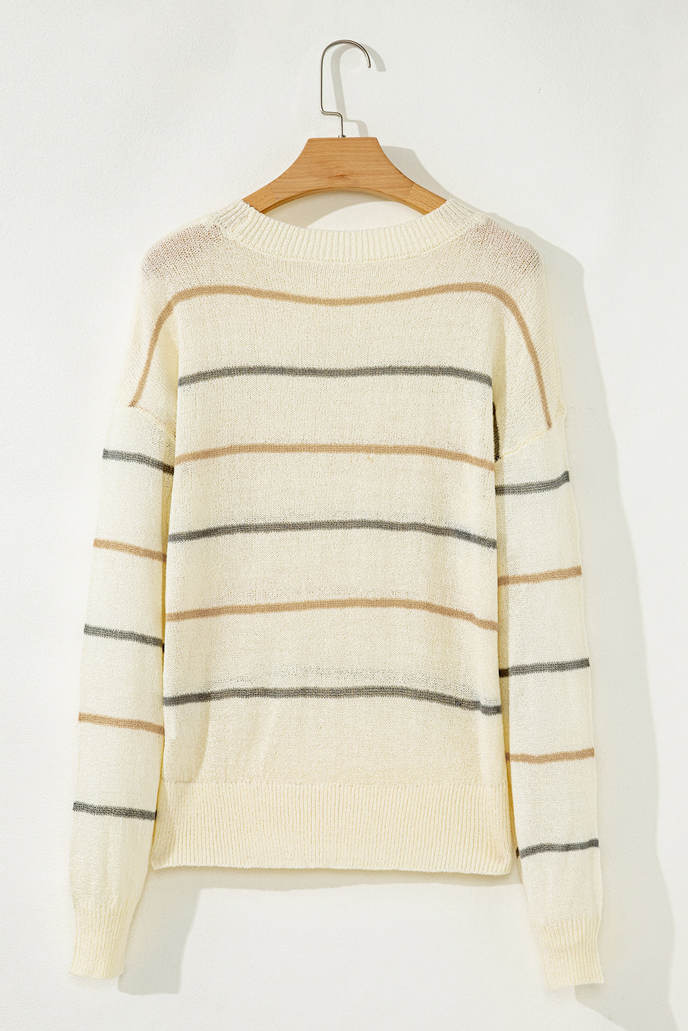 Brown Striped Ribbed Edge Drop Shoulder Sweater