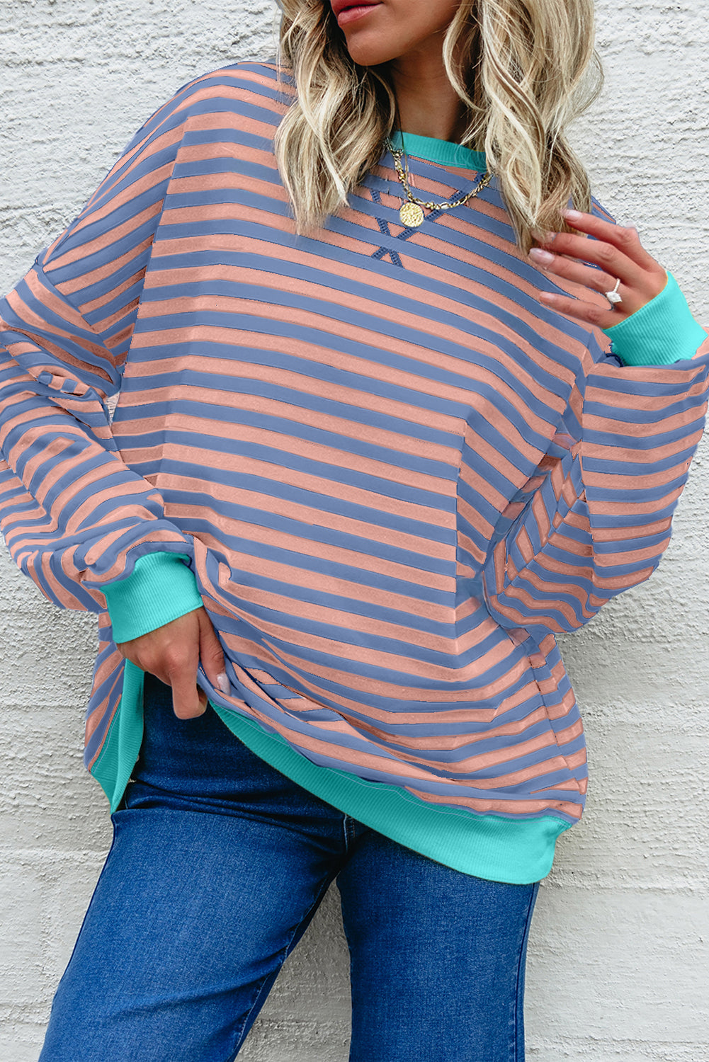 Blue Striped Contrast Trim Drop Shoulder Sweatshirt