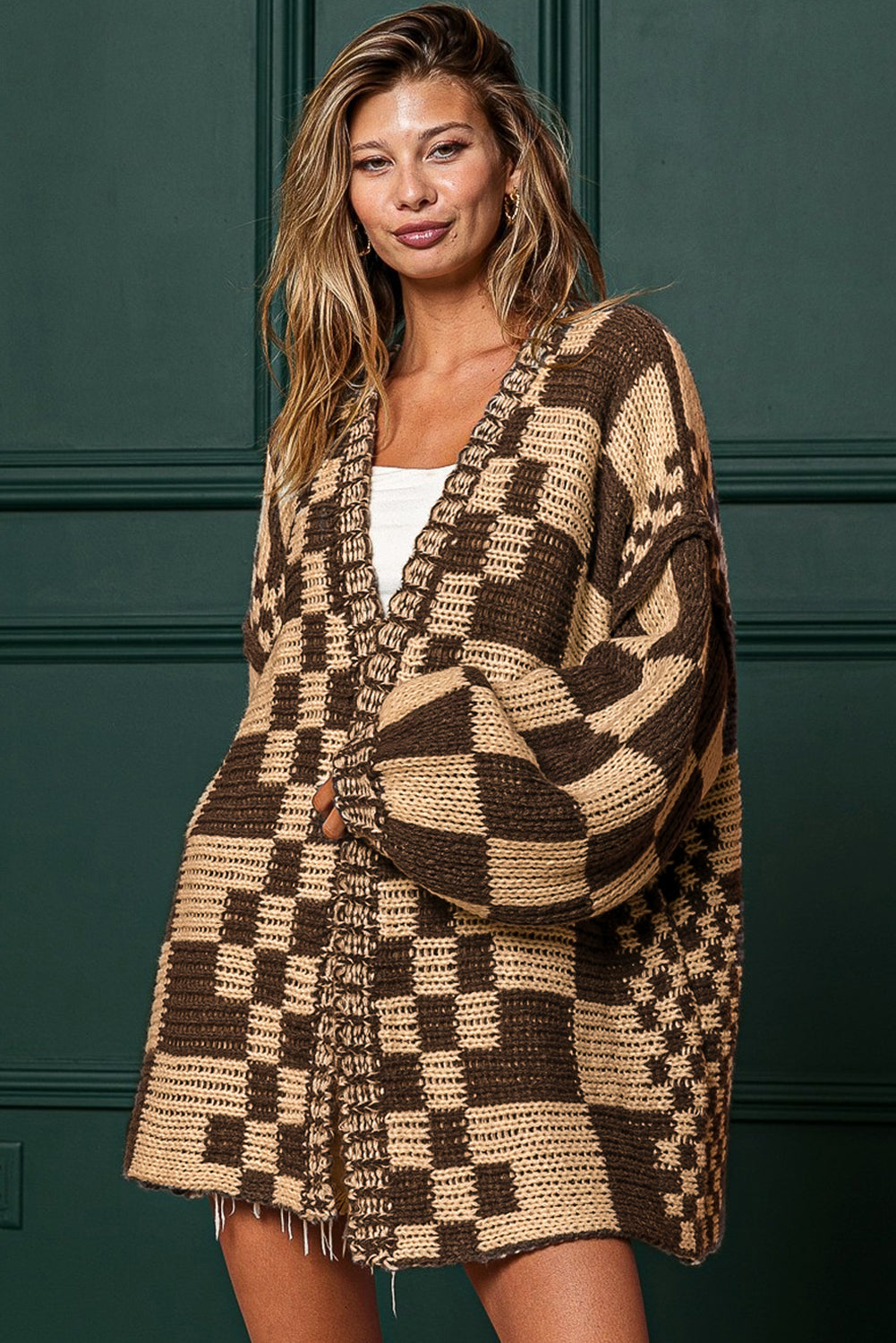 Smoke Gray Colorblock Checked Open Front Knitted Cardigan
