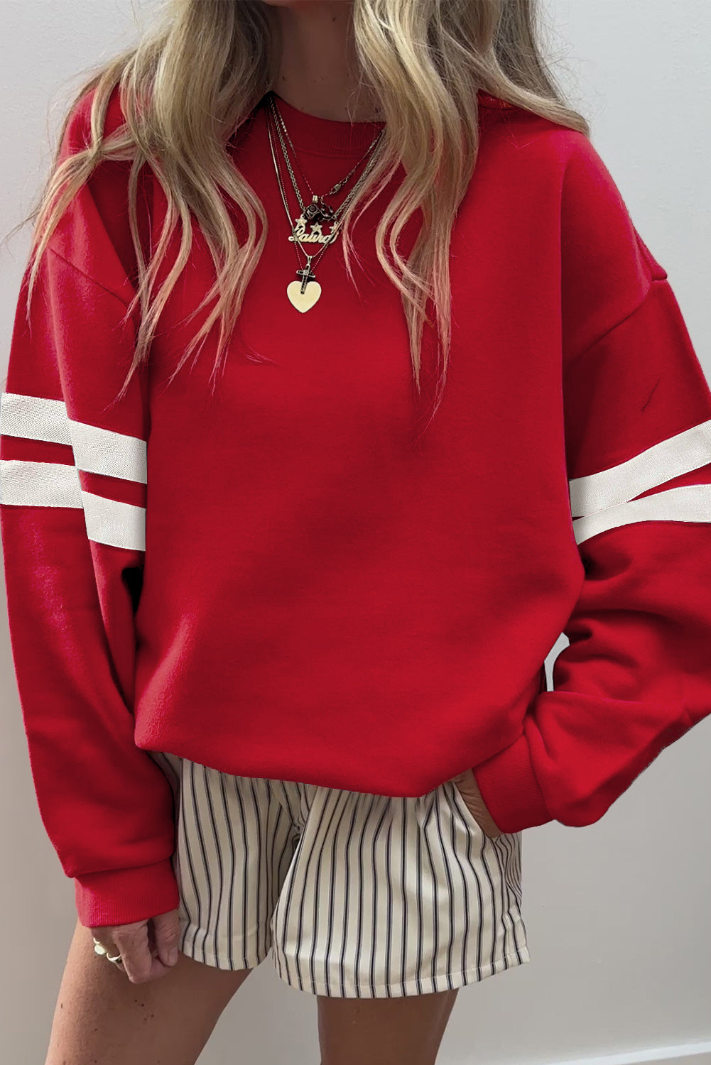 Orange Preppy Striped Sleeve Loose Sweatshirt