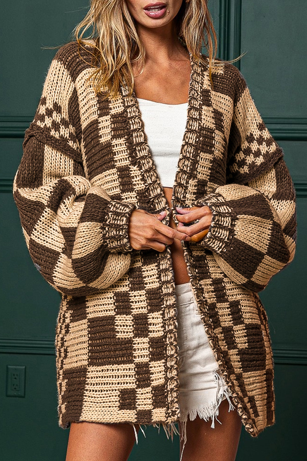 Smoke Gray Colorblock Checked Open Front Knitted Cardigan
