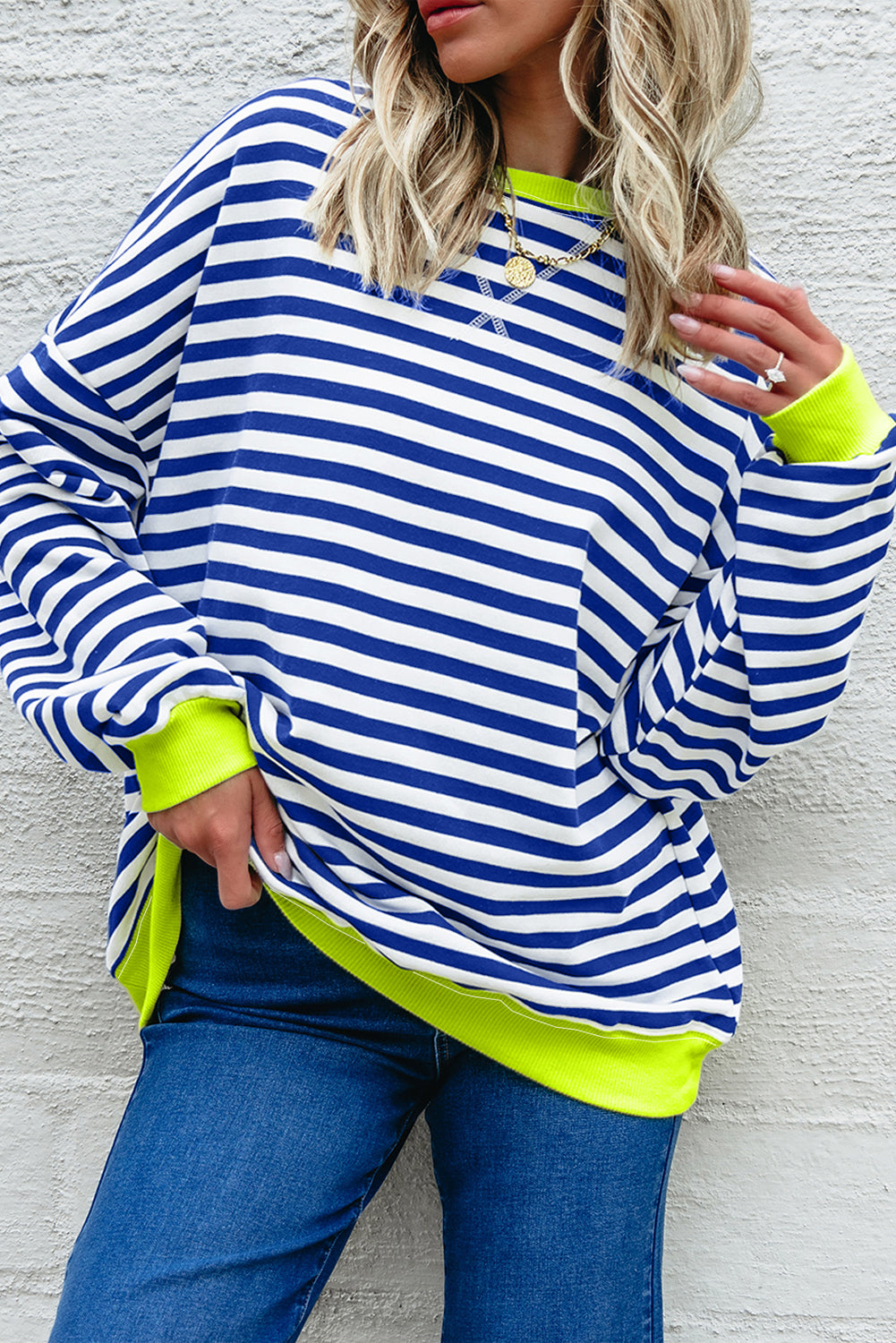 Blue Striped Contrast Trim Drop Shoulder Sweatshirt