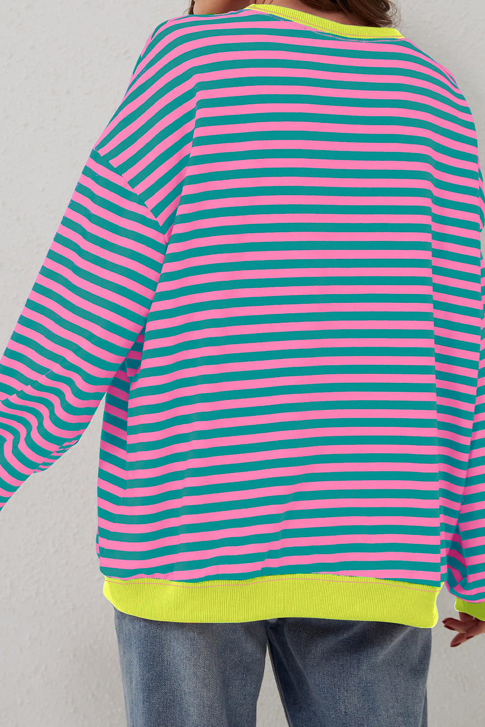 Blue Striped Contrast Trim Drop Shoulder Sweatshirt