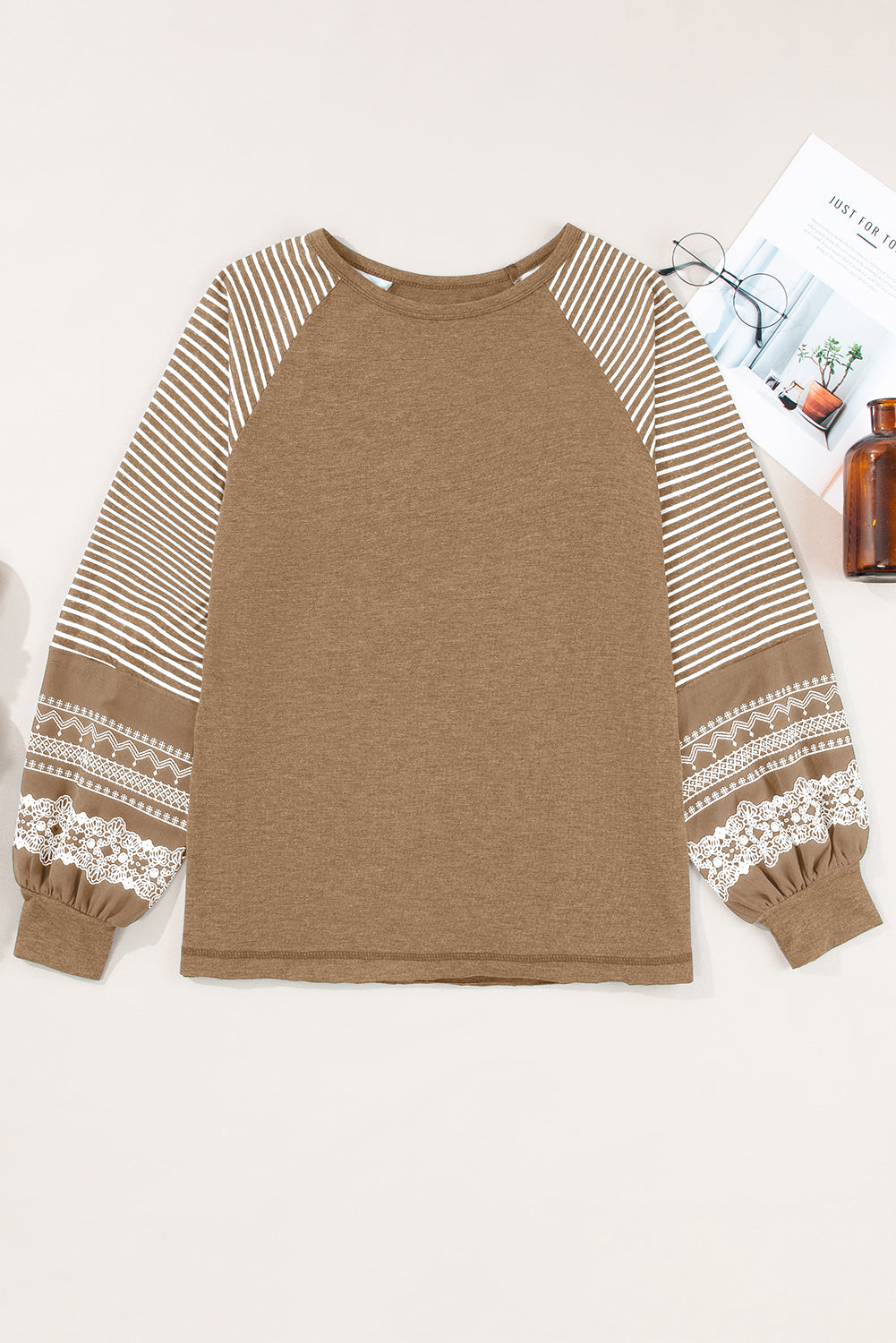 Mineral Red Contrast Print Striped Raglan Long Sleeve Loose Top