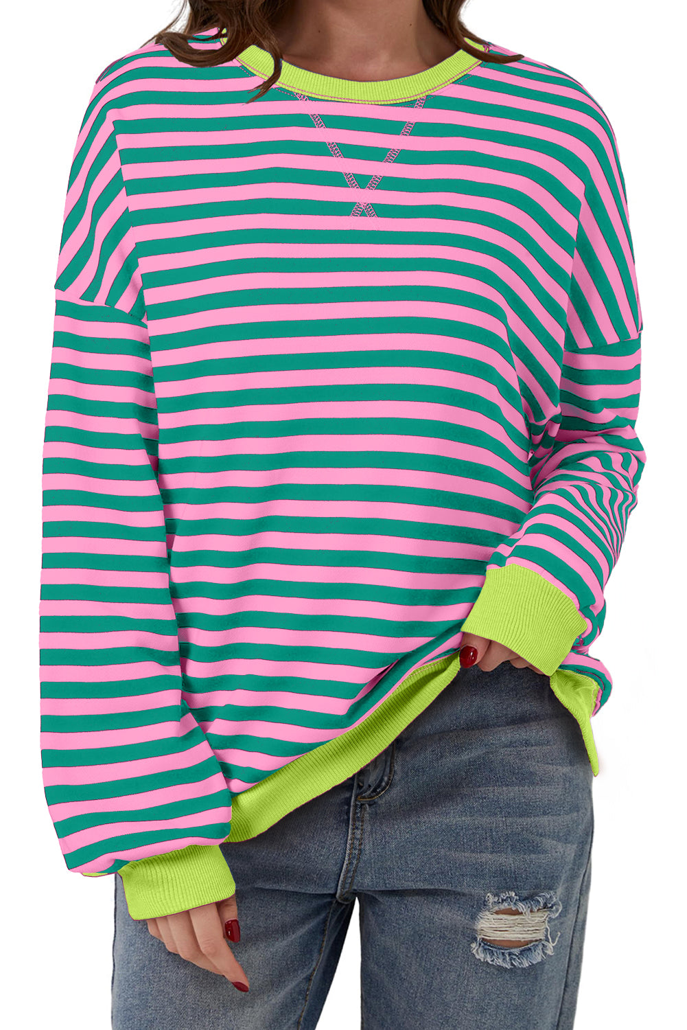 Blue Striped Contrast Trim Drop Shoulder Sweatshirt