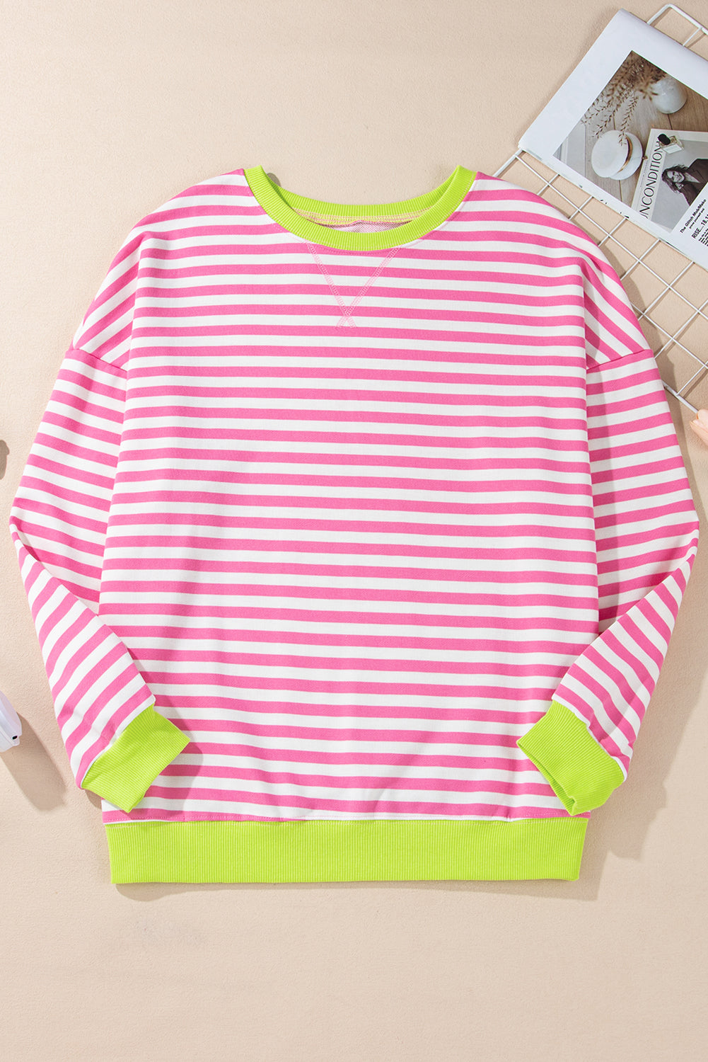 Blue Striped Contrast Trim Drop Shoulder Sweatshirt