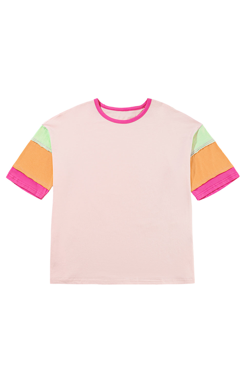 Pink Color Block Sleeve Round Neck Oversize Top