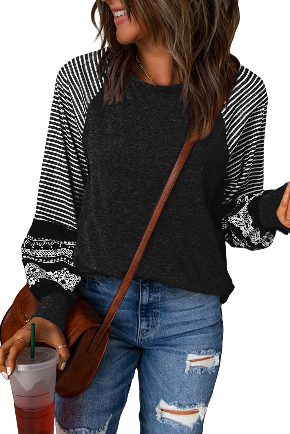 Mineral Red Contrast Print Striped Raglan Long Sleeve Loose Top