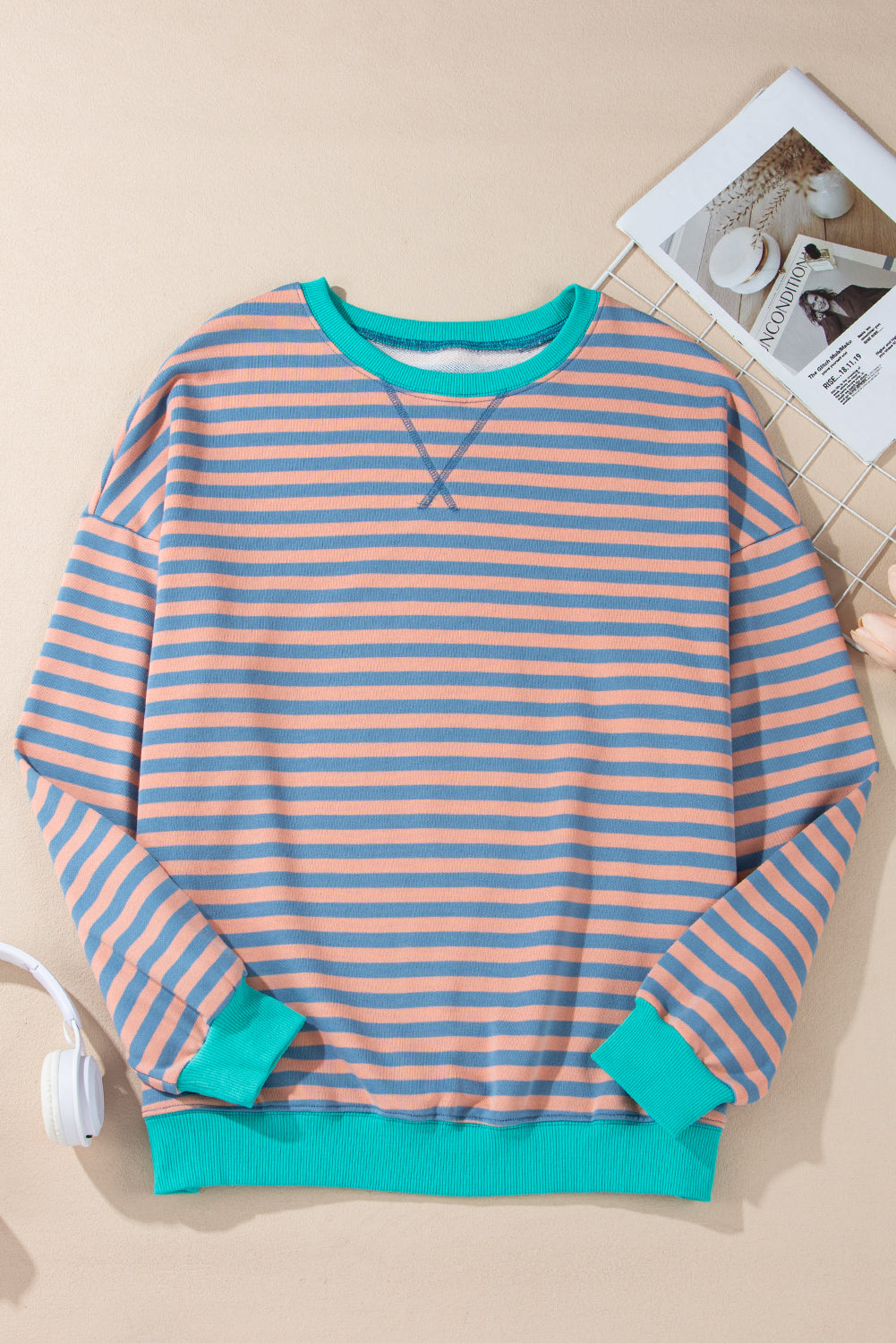 Blue Striped Contrast Trim Drop Shoulder Sweatshirt