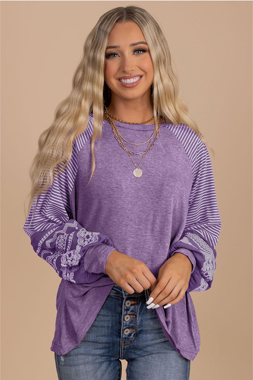 Mineral Red Contrast Print Striped Raglan Long Sleeve Loose Top