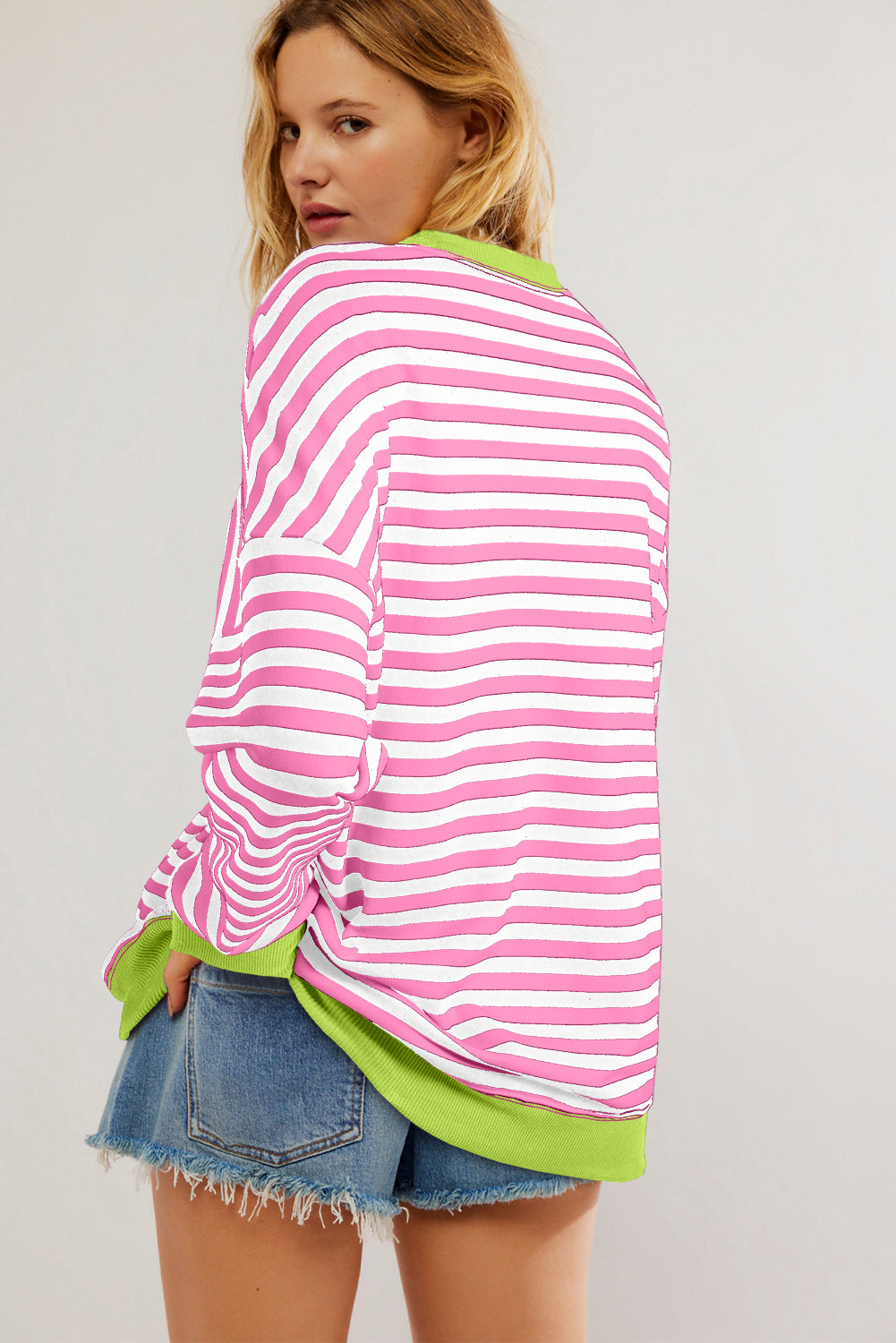 Blue Striped Contrast Trim Drop Shoulder Sweatshirt