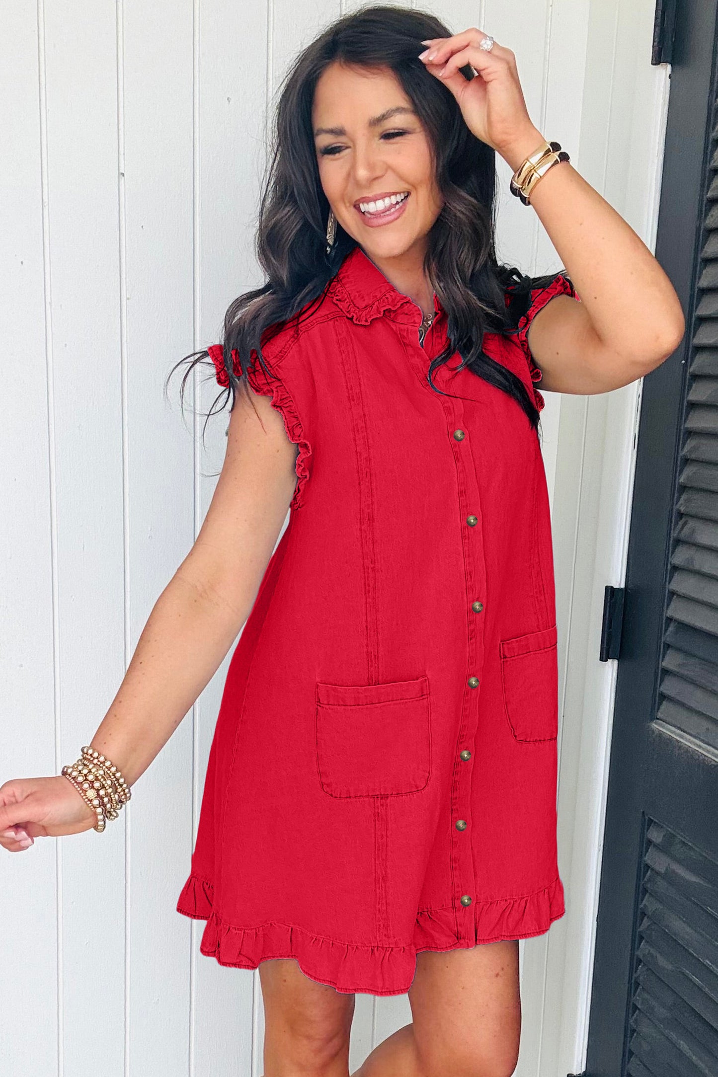 Beau Blue Ruffled Edge Collared Shift Denim Dress with Pockets