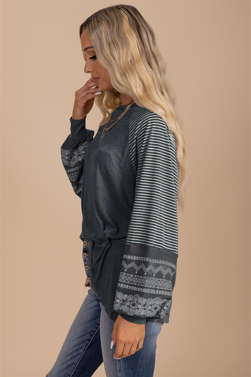 Mineral Red Contrast Print Striped Raglan Long Sleeve Loose Top