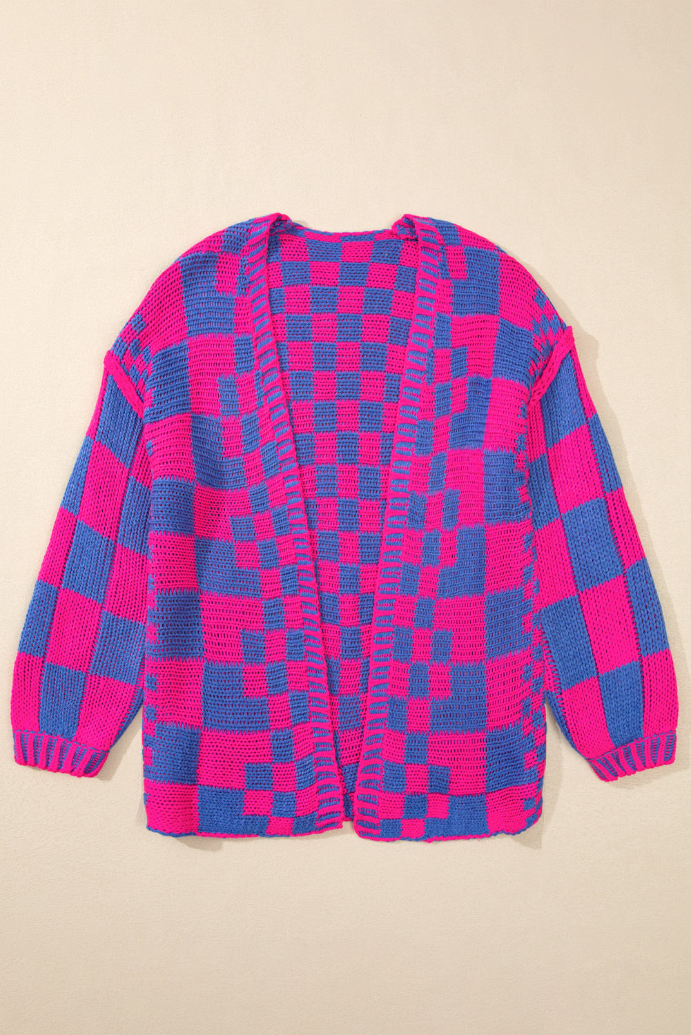 Smoke Gray Colorblock Checked Open Front Knitted Cardigan