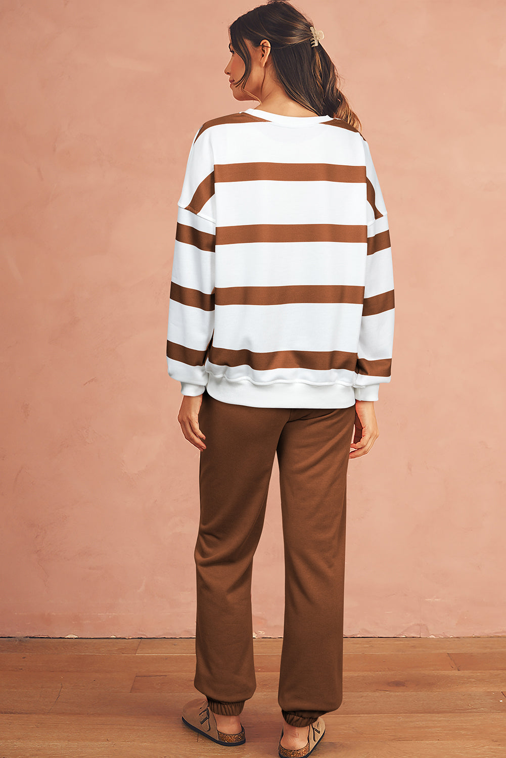 Light French Beige Striped Drop Shoulder Pullover and Joggers Set