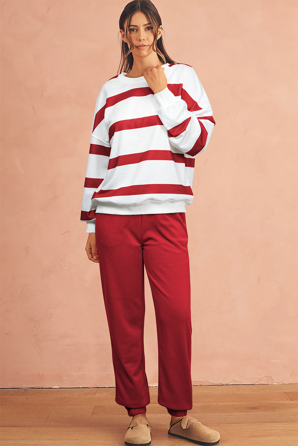 Light French Beige Striped Drop Shoulder Pullover and Joggers Set