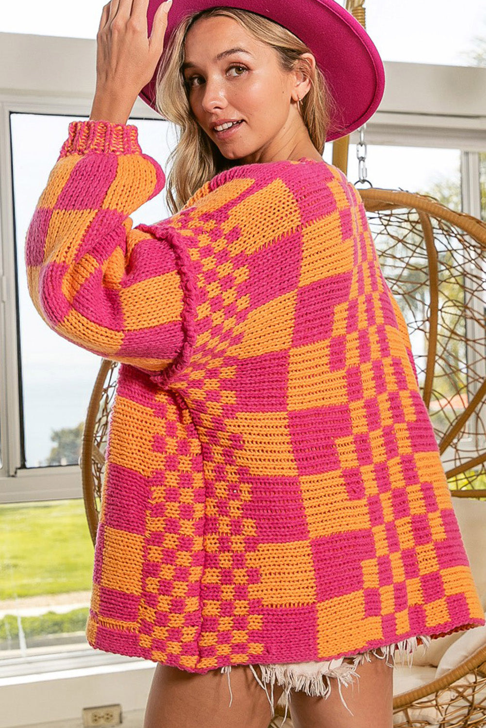 Smoke Gray Colorblock Checked Open Front Knitted Cardigan